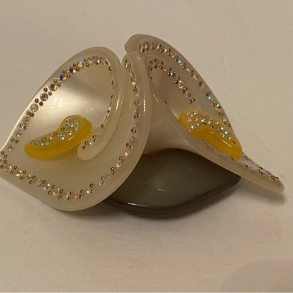 VINTAGE BROOCH PIN 2 WHITE CALLA LILY GREEN LEAF RHINESTONE BEAD ACCENT MCM - Picture 6 of 13